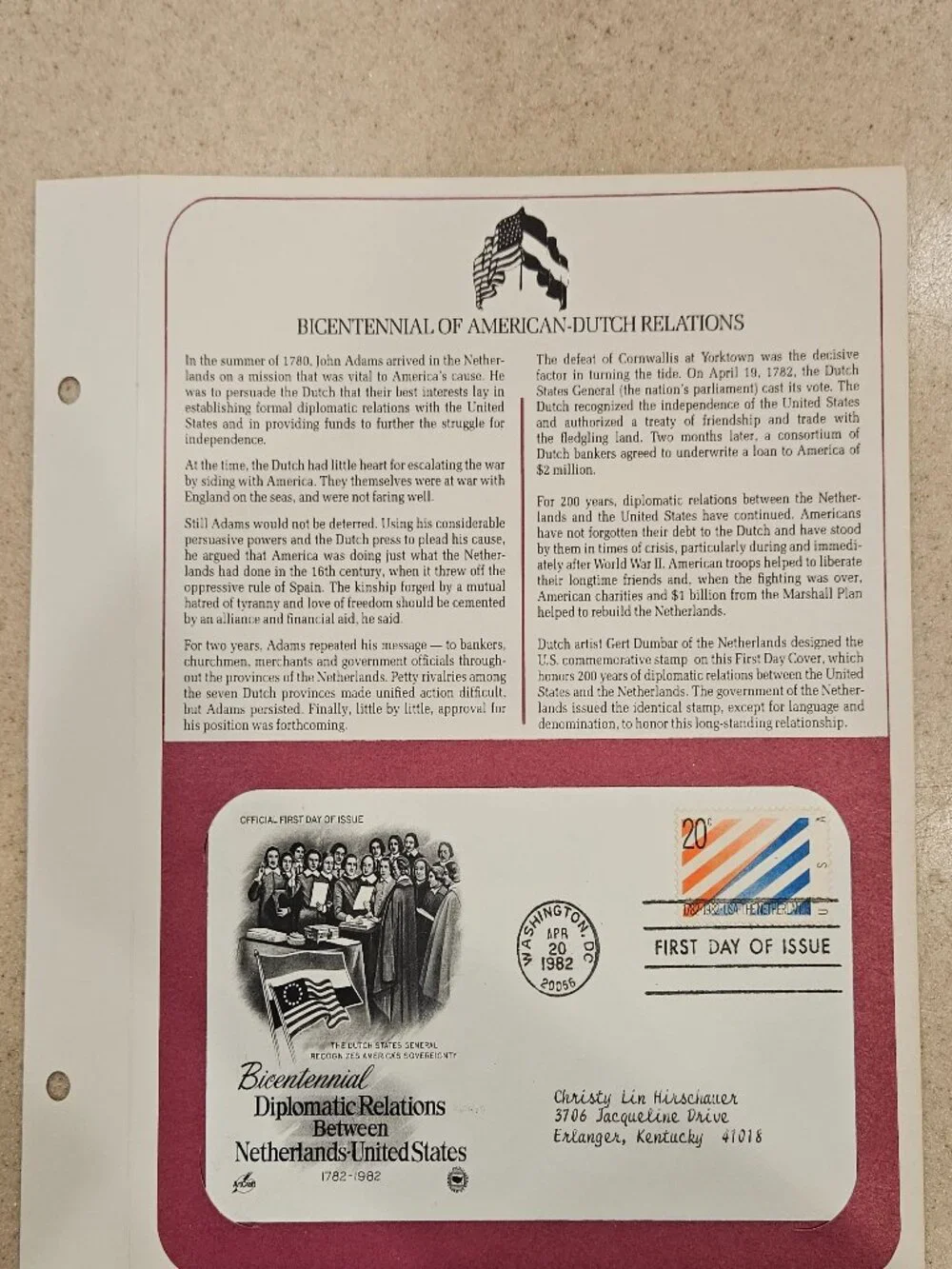 RARE COLLECTIBLE USPS 1ST DAY ISSUE COVER NETHERLANDS US RELATIONS STAMP FDC